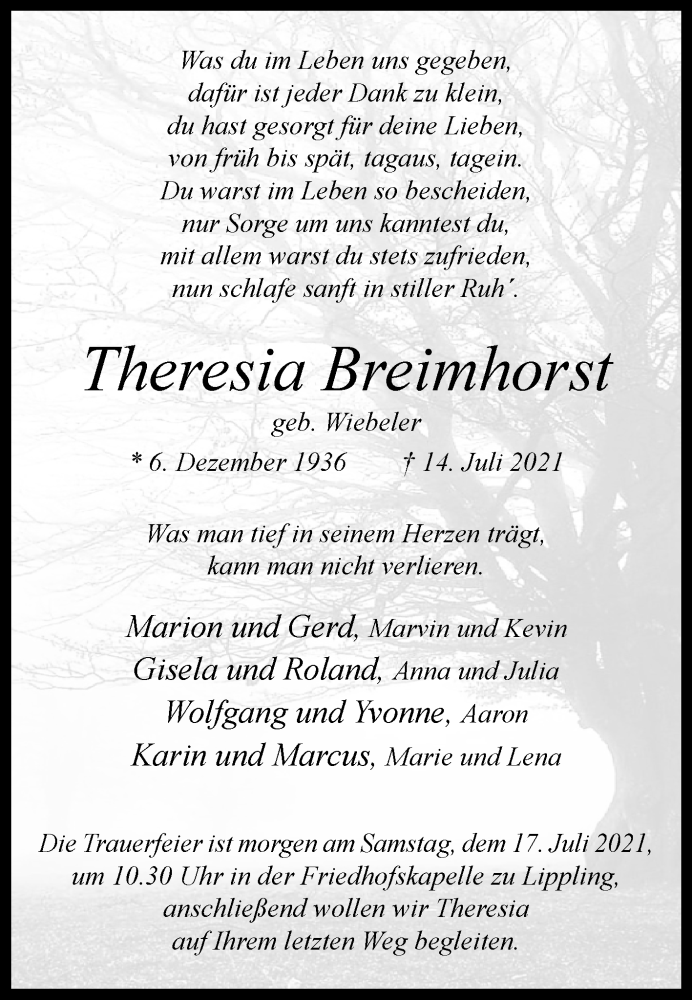  Traueranzeige für Theresia Breimhorst vom 16.07.2021 aus Westfalen-Blatt