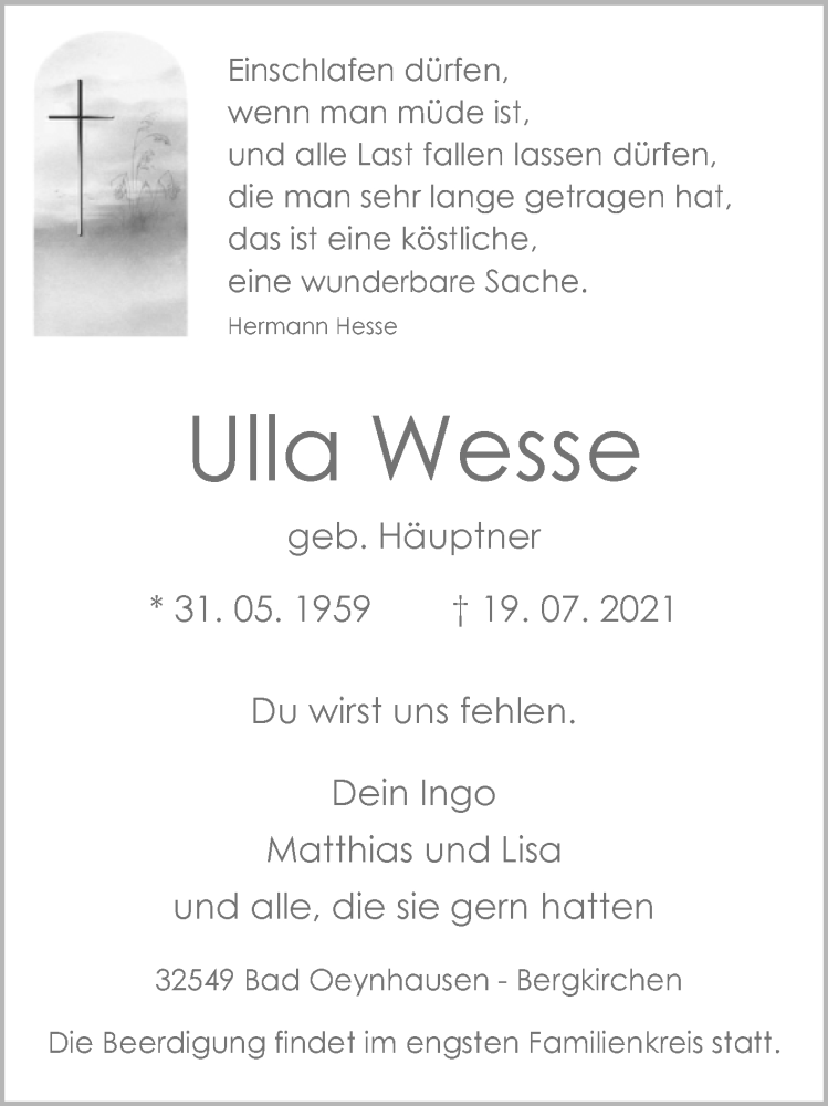  Traueranzeige für Ulla Wesse vom 21.07.2021 aus Westfalen-Blatt