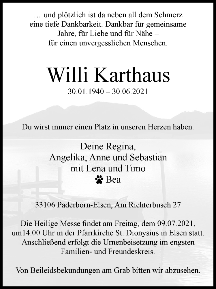  Traueranzeige für Willi Karthaus vom 03.07.2021 aus Westfalen-Blatt