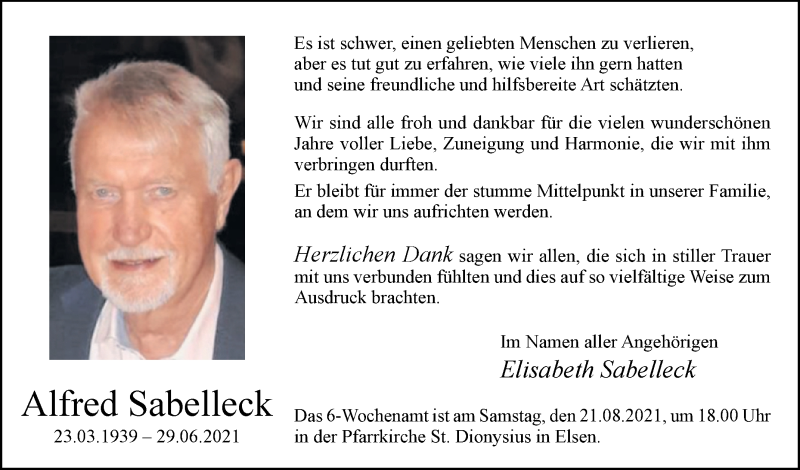  Traueranzeige für Alfred Sabelleck vom 14.08.2021 aus Westfalen-Blatt