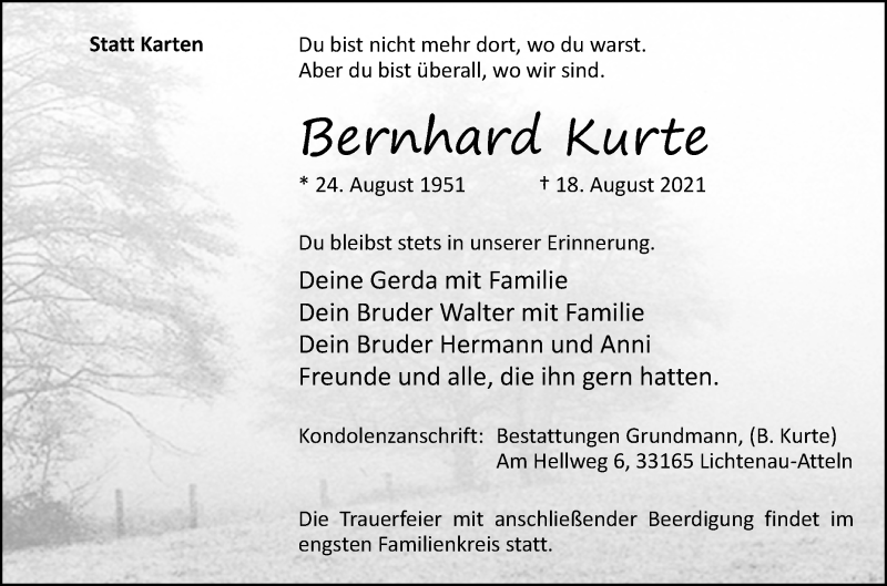  Traueranzeige für Bernhard Kurte vom 21.08.2021 aus Westfalen-Blatt