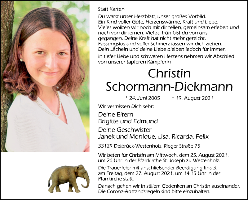  Traueranzeige für Christin Schormann-Diekmann vom 24.08.2021 aus Westfalen-Blatt