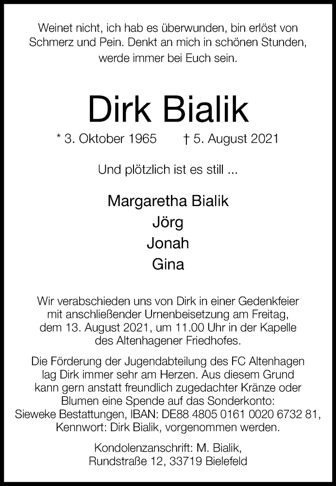  Traueranzeige für Dirk Bialik vom 10.08.2021 aus Westfalen-Blatt