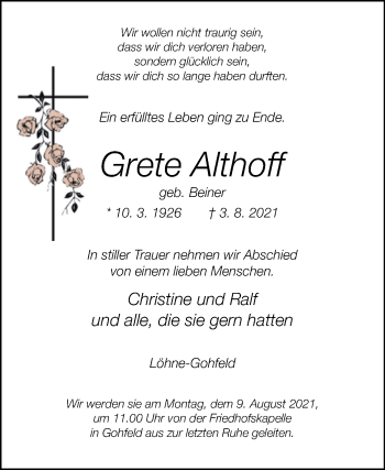 Traueranzeige von Grete Althoff von Westfalen-Blatt