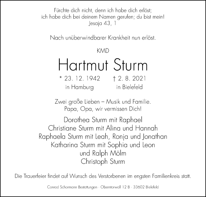  Traueranzeige für Hartmut Sturm vom 07.08.2021 aus Westfalen-Blatt