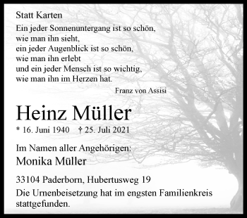 Traueranzeige von Heinz Müller von Westfalen-Blatt