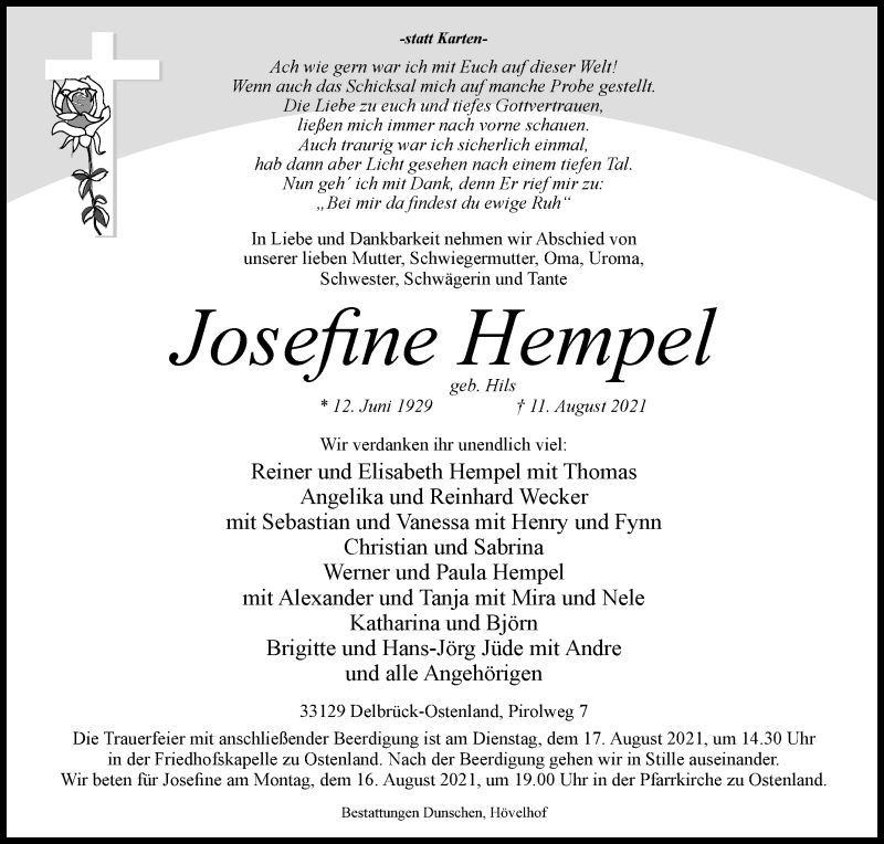  Traueranzeige für Josefine Hempel vom 13.08.2021 aus Westfalen-Blatt