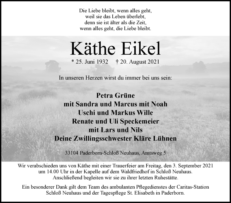  Traueranzeige für Käthe Eikel vom 28.08.2021 aus Westfalen-Blatt
