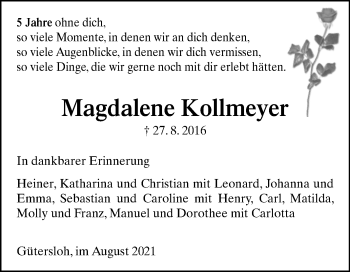 Traueranzeige von Magdalene Kollmeyer von Westfalen-Blatt