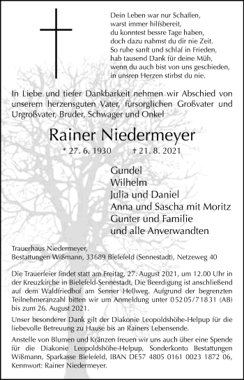 Traueranzeige von Rainer Niedermeyer von Westfalen-Blatt
