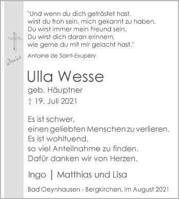Traueranzeige von Ulla Wesse von Westfalen-Blatt