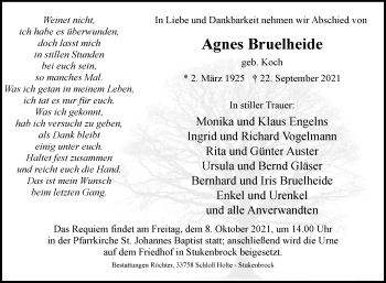 Traueranzeige von Agnes Bruelheide von Westfalen-Blatt