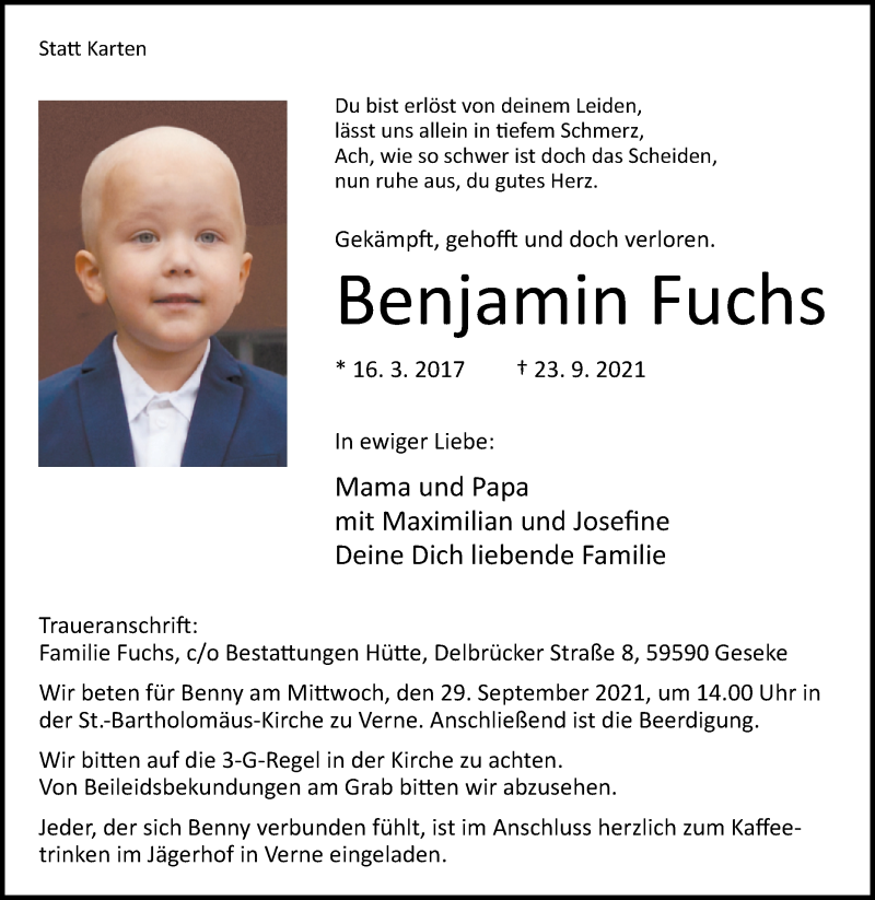  Traueranzeige für Benjamin Fuchs vom 27.09.2021 aus Westfalen-Blatt