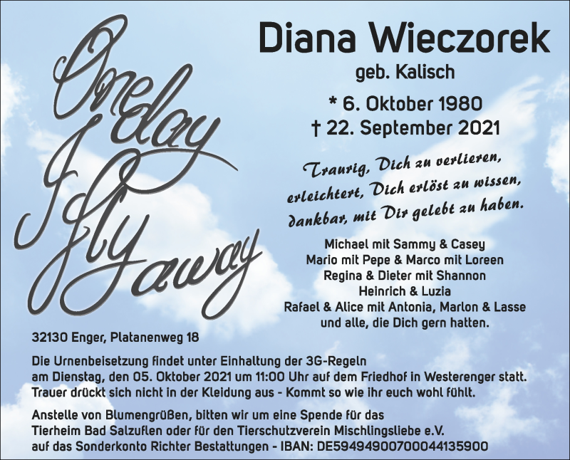  Traueranzeige für Diana Wieczorek vom 28.09.2021 aus Westfalen-Blatt