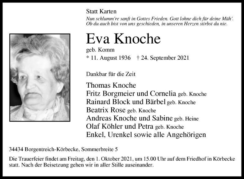  Traueranzeige für Eva Knoche vom 29.09.2021 aus Westfalen-Blatt