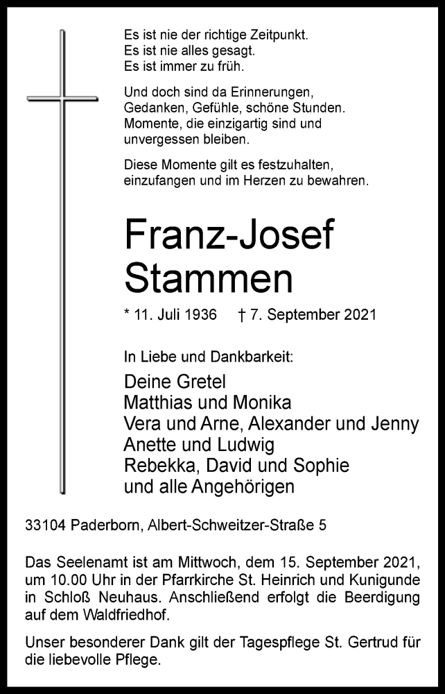  Traueranzeige für Franz-Josef Stammen vom 11.09.2021 aus Westfalen-Blatt