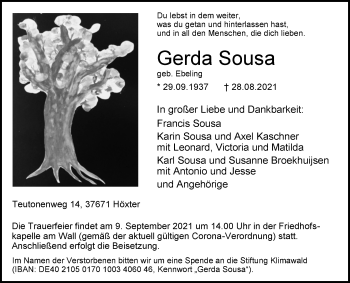 Traueranzeige von Gerda Sousa von Westfalen-Blatt