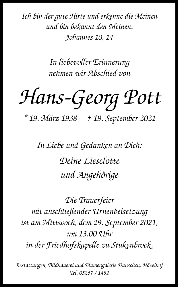  Traueranzeige für Hans-Georg Pott vom 25.09.2021 aus Westfalen-Blatt
