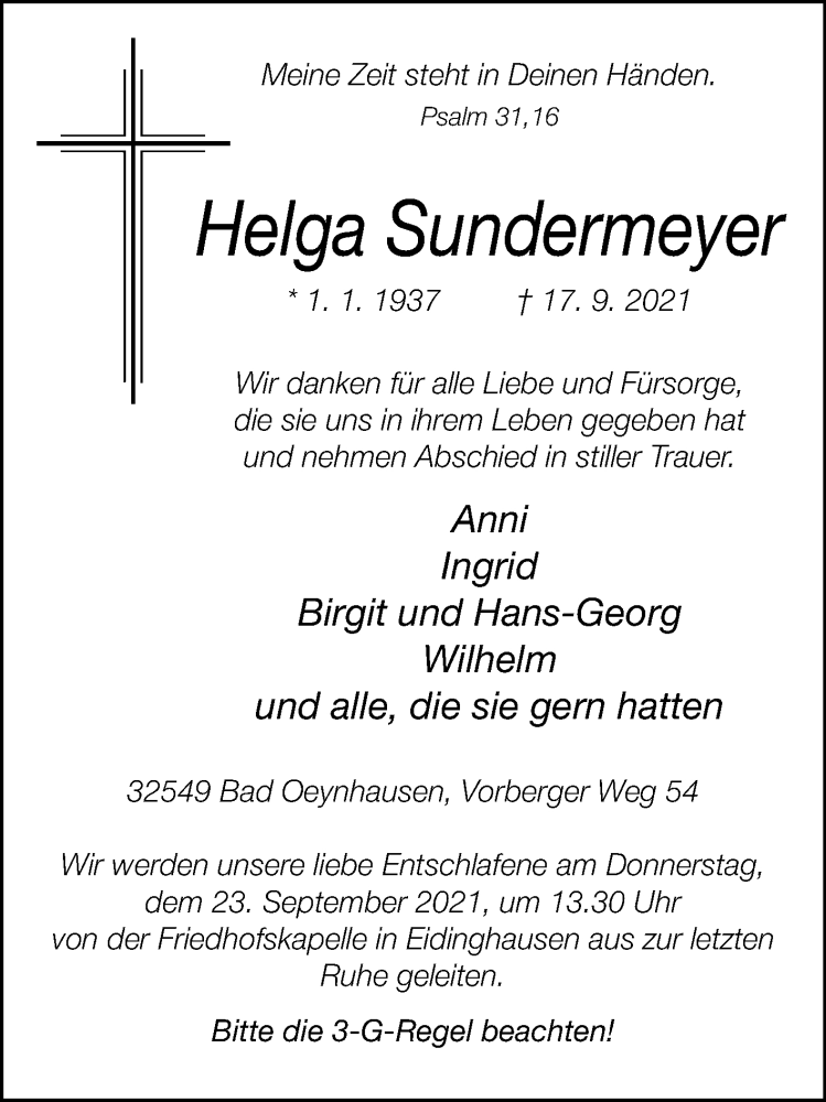  Traueranzeige für Helga Sundermeyer vom 21.09.2021 aus Westfalen-Blatt