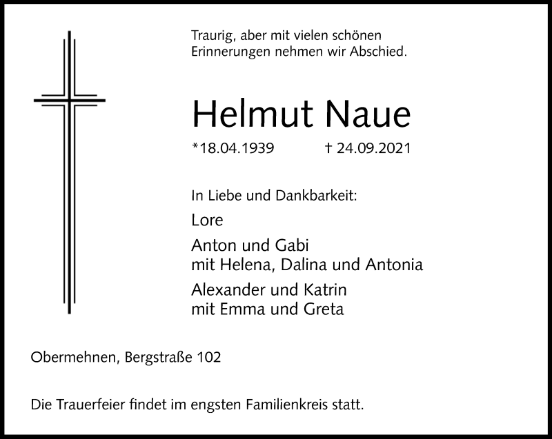  Traueranzeige für Helmut Naue vom 28.09.2021 aus Westfalen-Blatt