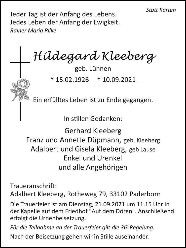 Traueranzeige für Hildegard Kleeberg vom 15.09.2021 aus Westfalen-Blatt