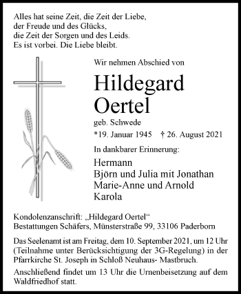 Traueranzeige von Hildegard Oertel