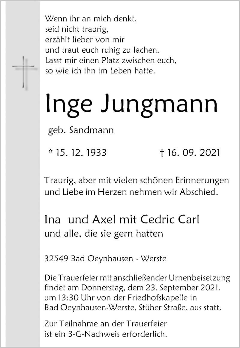 Traueranzeige für Inge Jungmann vom 18.09.2021 aus Westfalen-Blatt