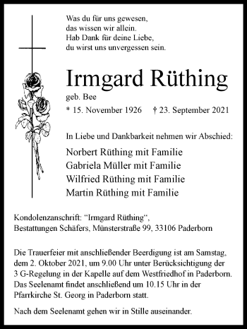 Traueranzeige von Irmgard Rüthing von Westfalen-Blatt