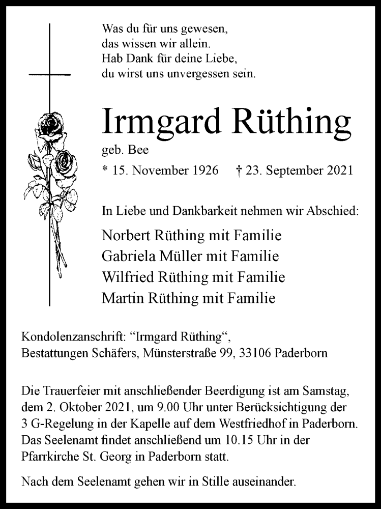  Traueranzeige für Irmgard Rüthing vom 29.09.2021 aus Westfalen-Blatt