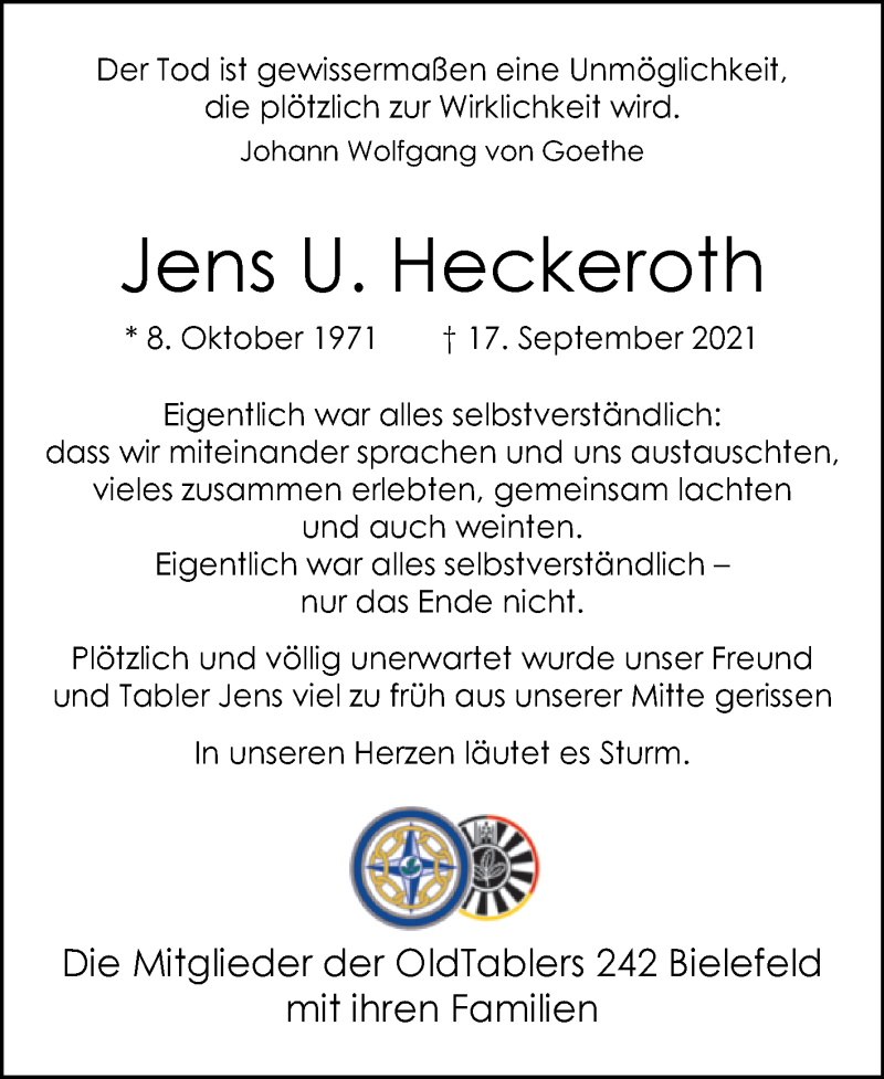  Traueranzeige für Jens U. Heckeroth vom 25.09.2021 aus Westfalen-Blatt