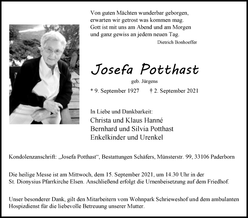  Traueranzeige für Josefa Potthast vom 11.09.2021 aus Westfalen-Blatt