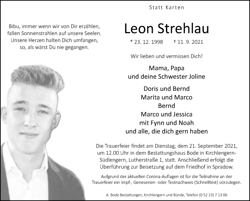  Traueranzeige für Leon Strehlau vom 15.09.2021 aus Westfalen-Blatt