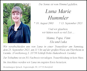 Traueranzeige von Luna Marie Hummler von Westfalen-Blatt