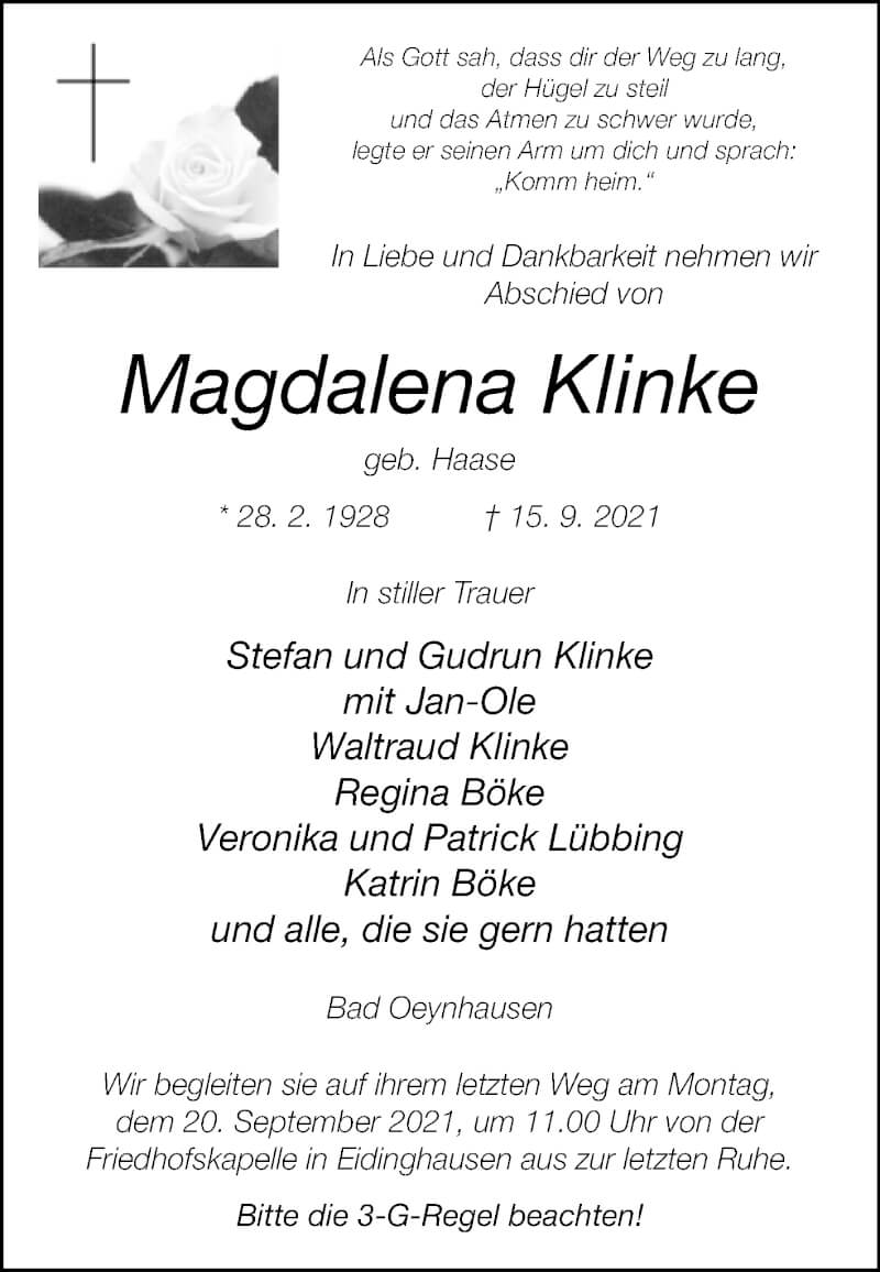  Traueranzeige für Magdalena Klinke vom 17.09.2021 aus Westfalen-Blatt