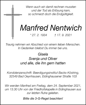 Traueranzeige von Manfred Nentwich von Westfalen-Blatt