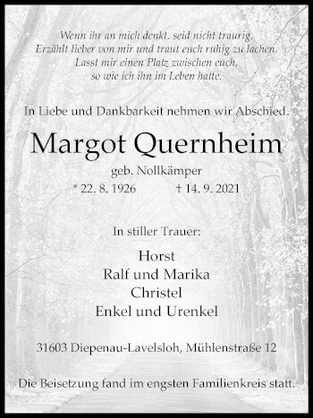 Traueranzeige von Margot Quernheim von Westfalen-Blatt