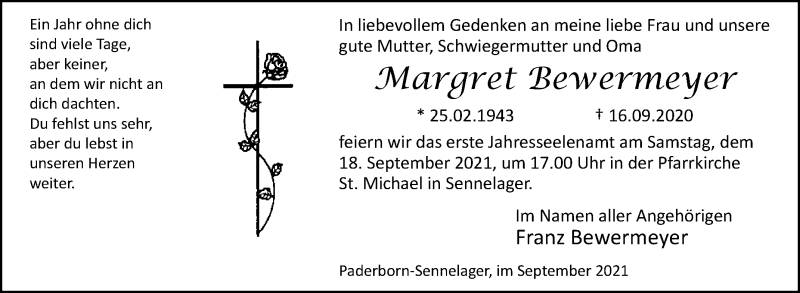  Traueranzeige für Margret Bewermeyer vom 11.09.2021 aus Westfalen-Blatt