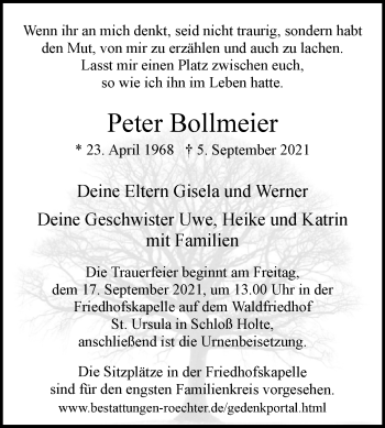 Traueranzeige von Peter Bollmeier von Westfalen-Blatt