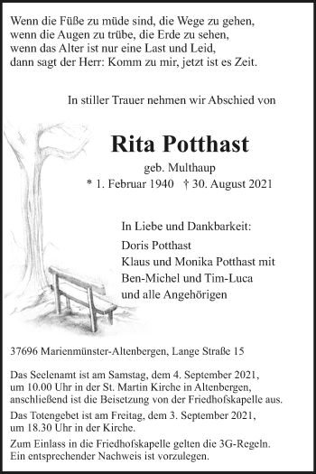 Traueranzeige von Rita Potthast von Westfalen-Blatt