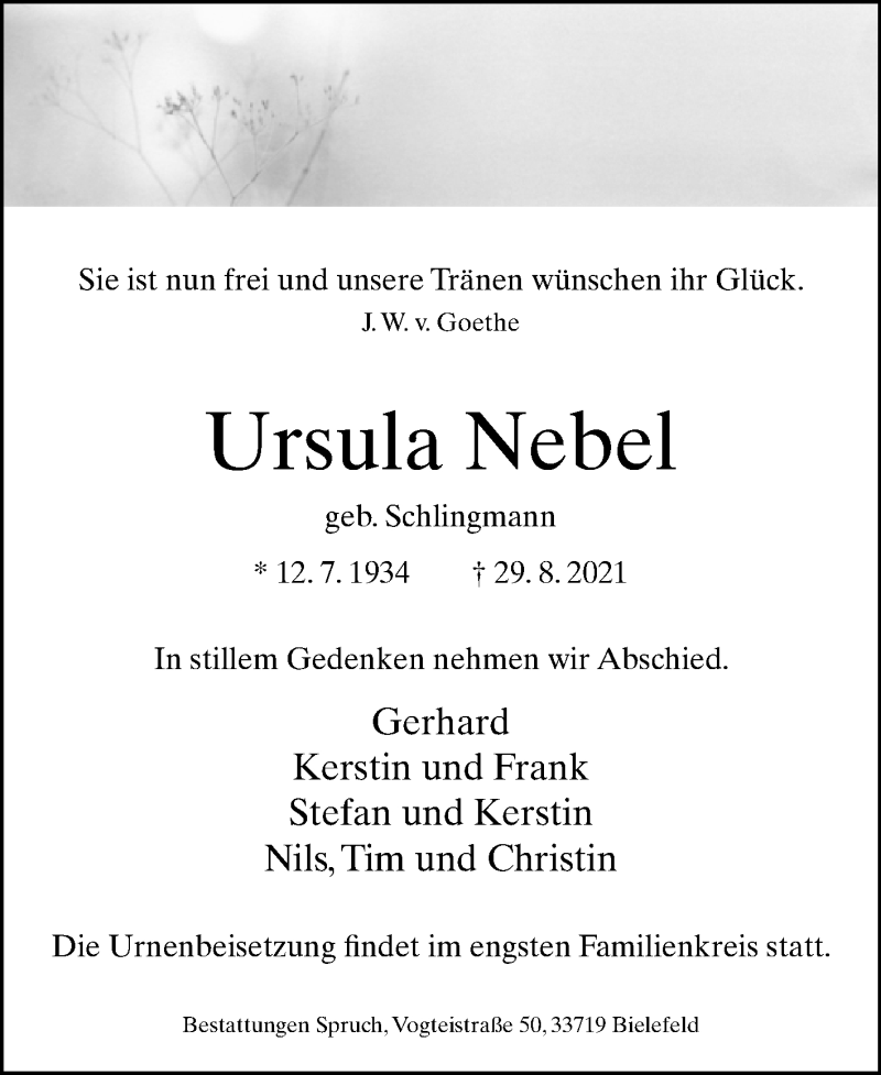  Traueranzeige für Ursula Nebel vom 04.09.2021 aus Westfalen-Blatt