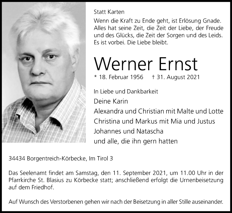  Traueranzeige für Werner Ernst vom 04.09.2021 aus Westfalen-Blatt