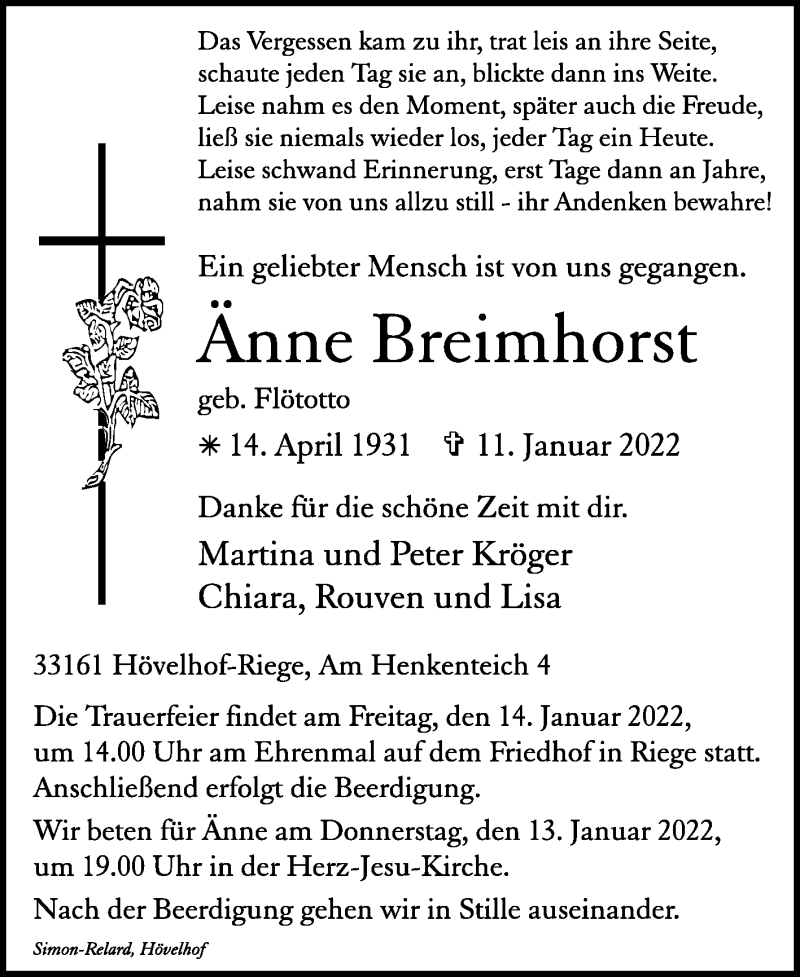  Traueranzeige für Änne Breimhorst vom 12.01.2022 aus Westfalen-Blatt
