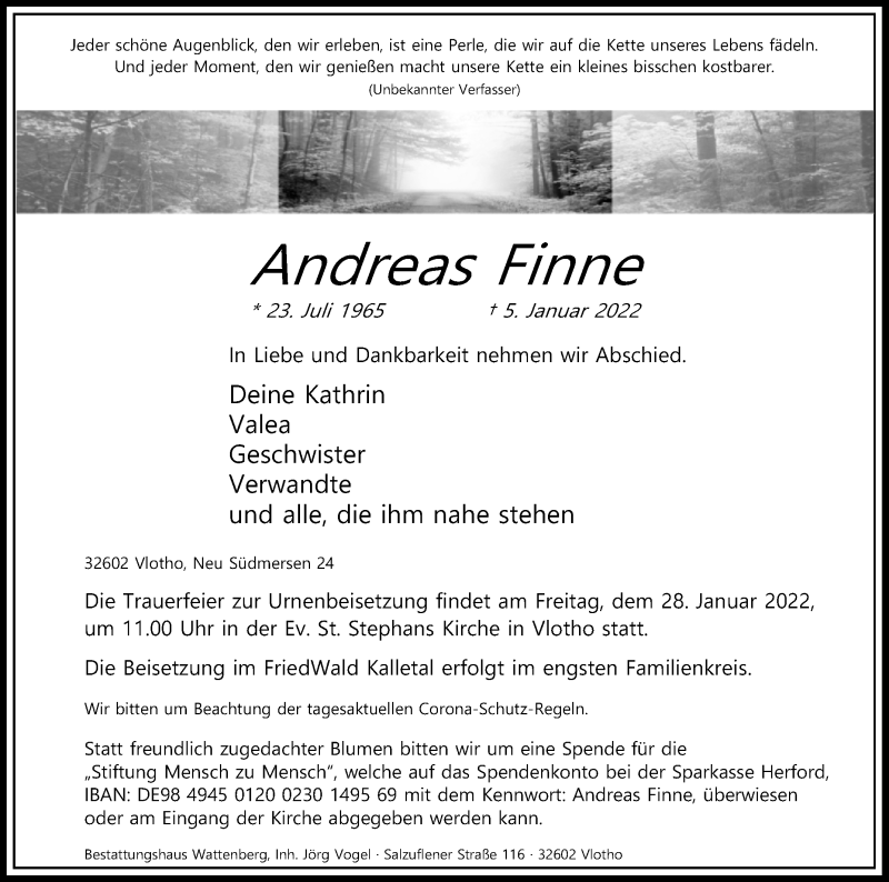  Traueranzeige für Andreas Finne vom 13.01.2022 aus Westfalen-Blatt