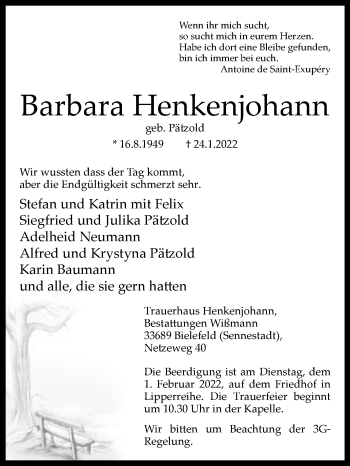 Traueranzeige von Barbara Henkenjohann von Westfalen-Blatt