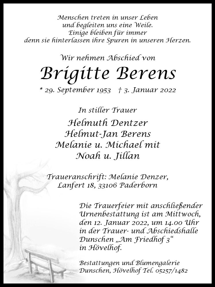  Traueranzeige für Brigitte Berens vom 08.01.2022 aus Westfalen-Blatt