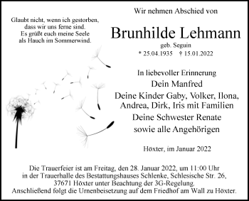 Traueranzeige von Brunhilde Lehmann von Westfalen-Blatt