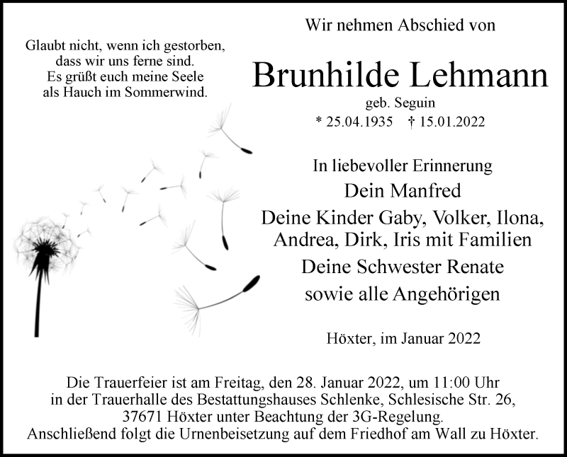  Traueranzeige für Brunhilde Lehmann vom 20.01.2022 aus Westfalen-Blatt