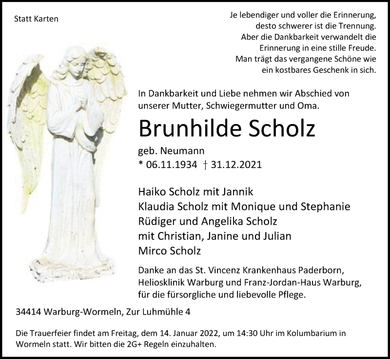  Traueranzeige für Brunhilde Scholz vom 08.01.2022 aus Westfalen-Blatt