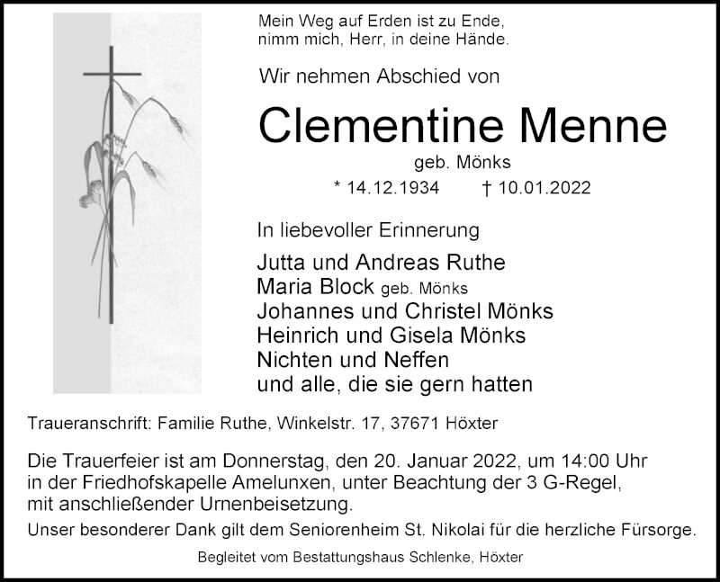  Traueranzeige für Clementine Menne vom 15.01.2022 aus Westfalen-Blatt