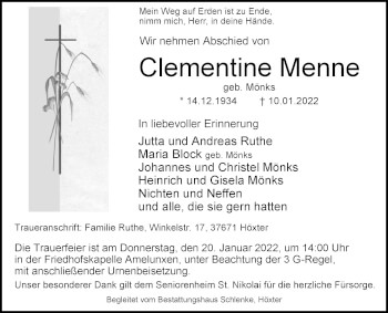 Traueranzeige von Clementine Menne von Westfalen-Blatt
